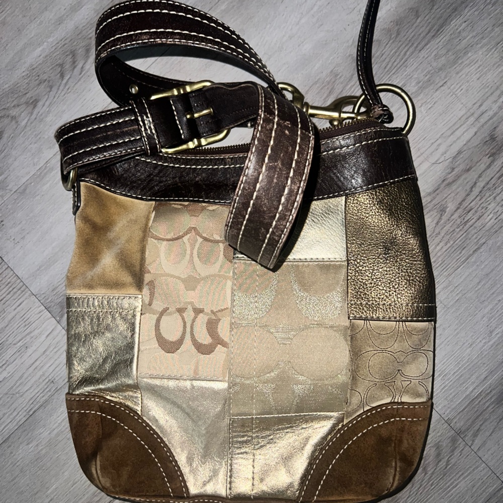 Coach Vintage Patchwork Bag Signature Fabric Leather Tan Brown Shoulder Purse